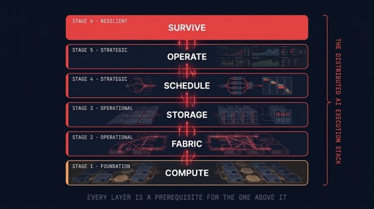 ai infrastructure architecture learning path — distributed ai execution stack showing six maturity stages from accelerated compute to distributed inference survivability