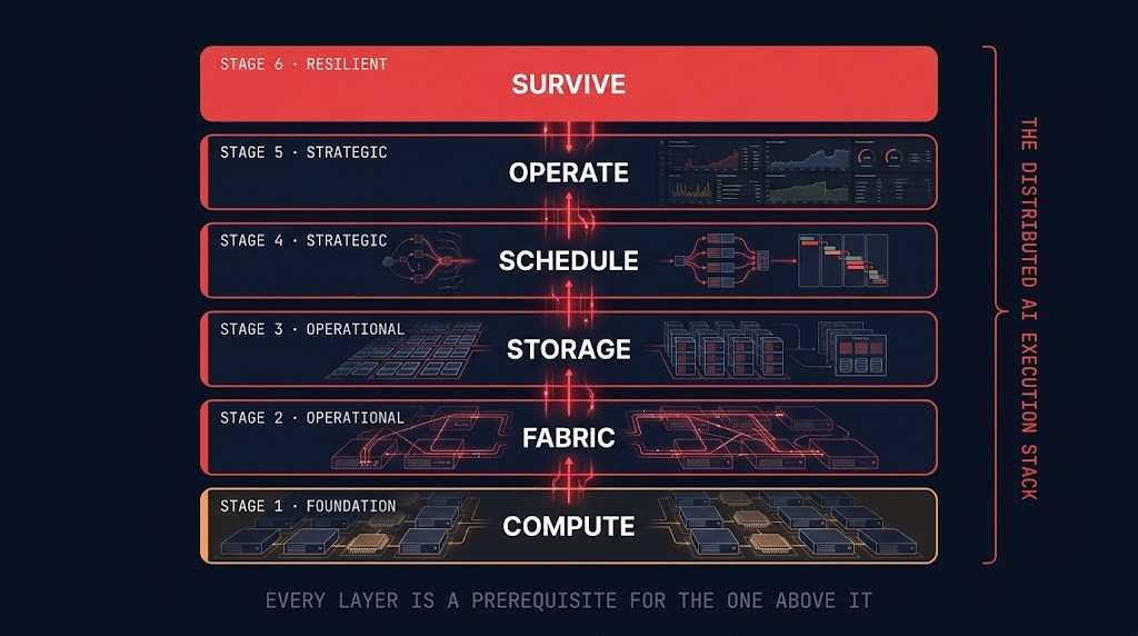 ai infrastructure architecture learning path — distributed ai execution stack showing six maturity stages from accelerated compute to distributed inference survivability