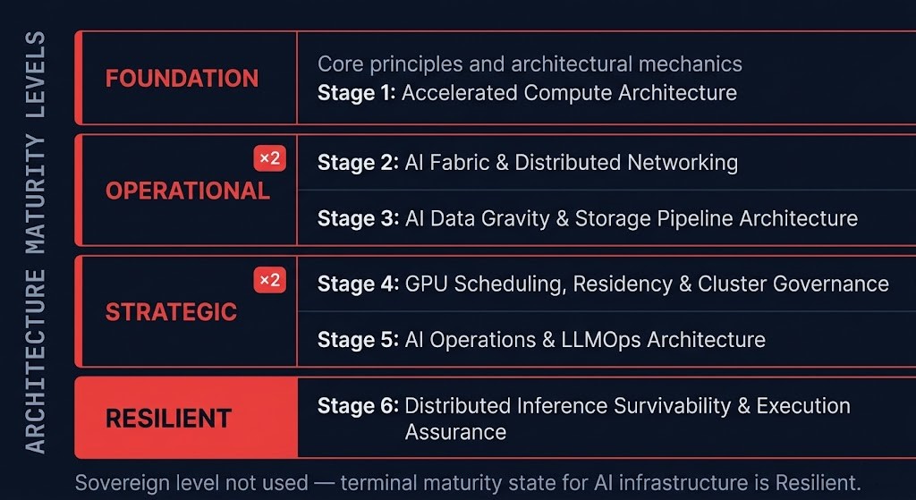 ai infrastructure architecture learning path maturity spine — four levels foundation operational strategic resilient with dual operational and strategic stages