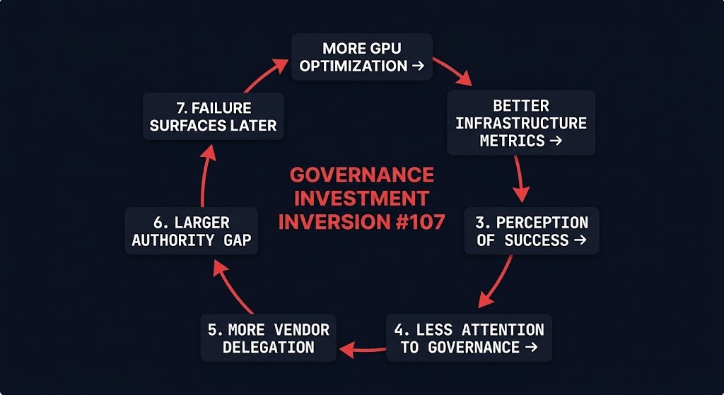 Governance Investment Inversion feedback loop — AI infrastructure optimization increases governance gap visibility