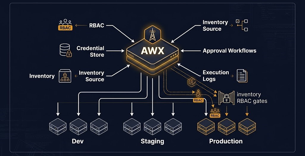 awx ansible automation platform control plane architecture — rbac credential isolation inventory trust boundary execution logs approval workflow