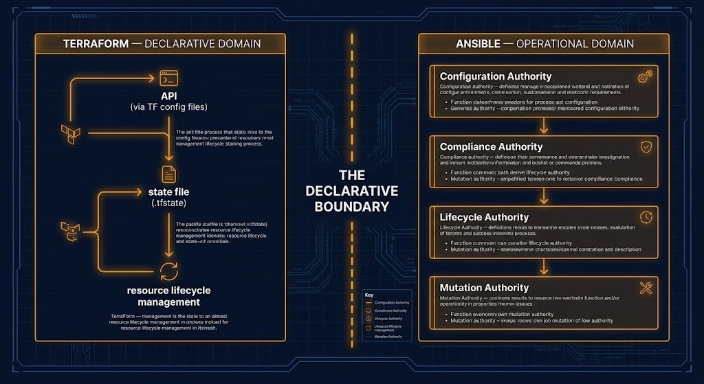 day 2 operations architecture — declarative boundary between terraform provisioning domain and ansible operational authority model with four governance layers