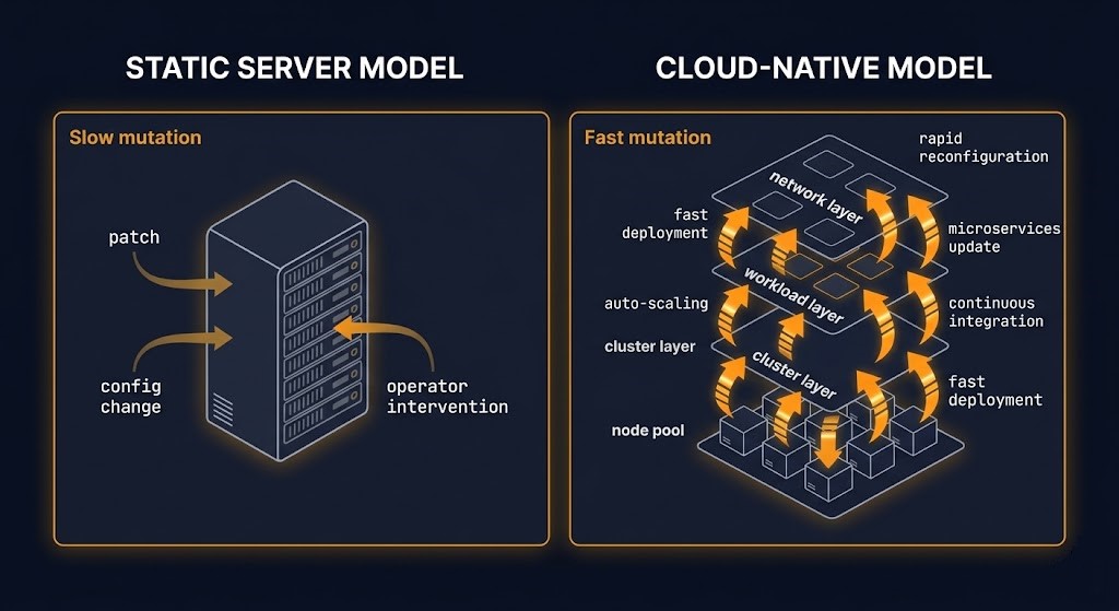 day 2 operations architecture cloud native — static server model versus ephemeral kubernetes node fragmentation across compute network cluster workload layers