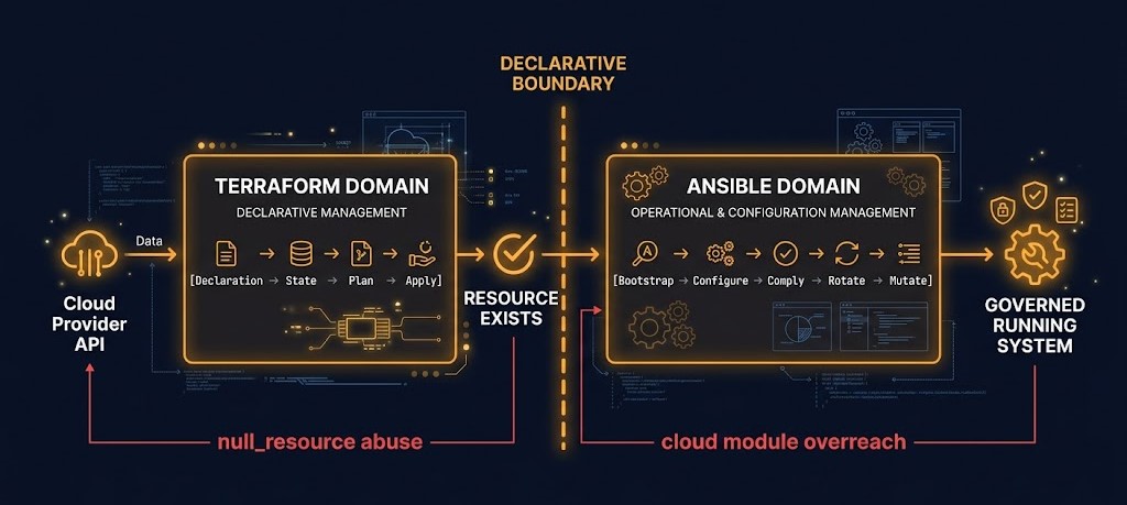 declarative boundary terraform ansible handoff — provisioning layer to operational convergence authority day 2 operations
