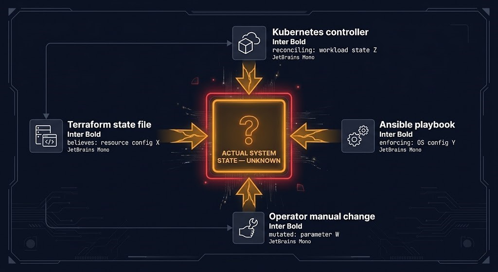 split authority drift failure mode — terraform ansible kubernetes operator manual mutation no authoritative operational state