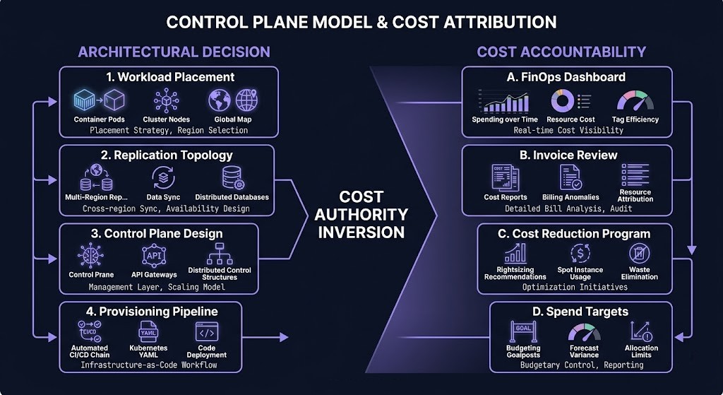 cheaper cloud strategy — cost authority inversion diagram showing architectural decision gap