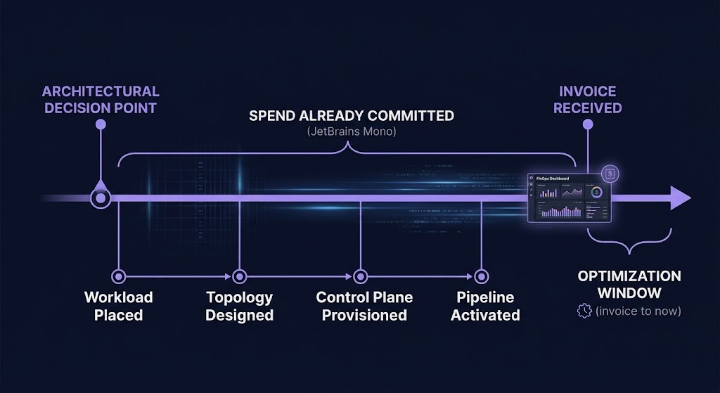 cloud spend decision timeline — architectural commitment precedes invoice