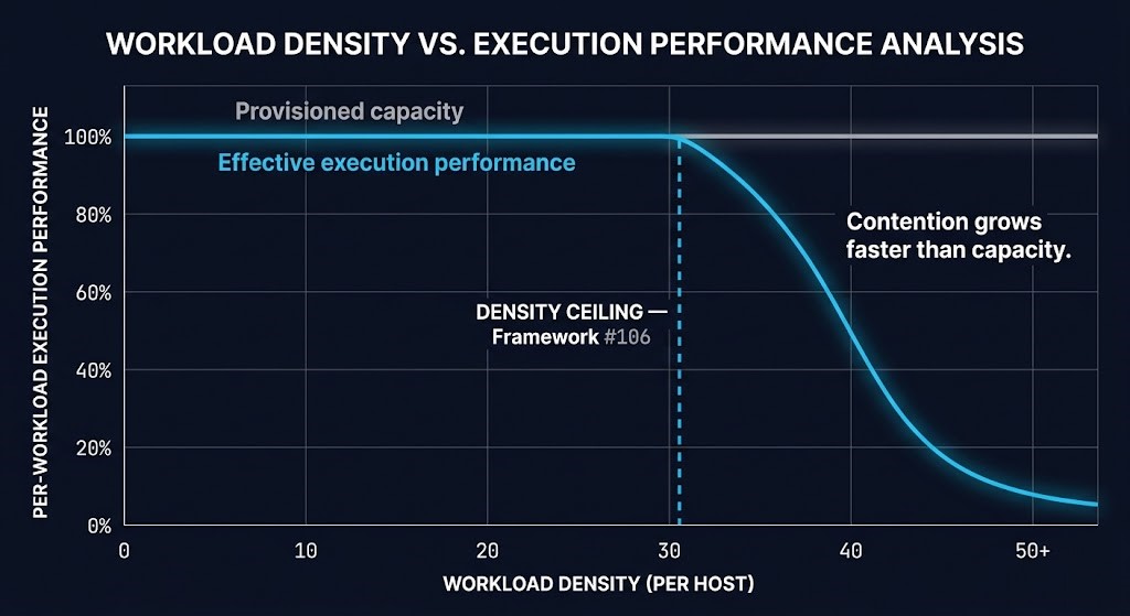 Compute density ceiling diagram showing where additional workload placement increases contention faster than usable capacity
