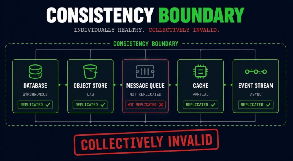 consistency boundary problem — individually healthy stores forming a collectively invalid system