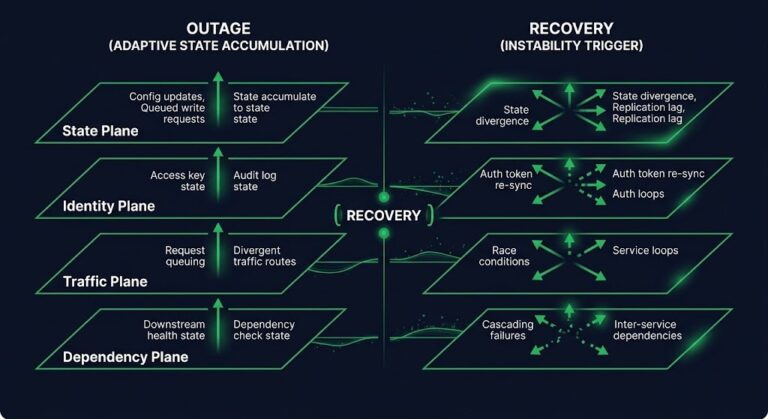 continuity cascade model — four planes of post-recovery instability in distributed systems
