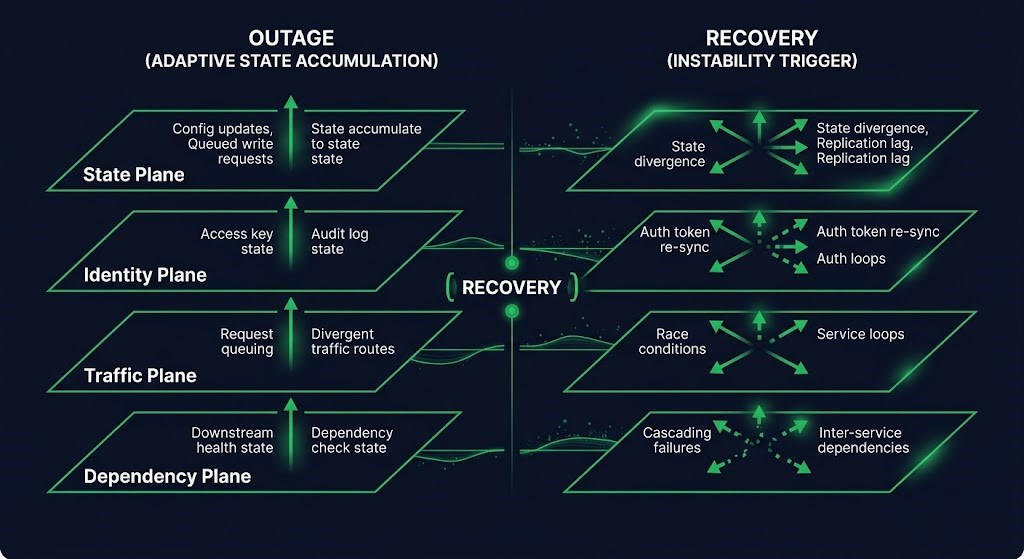 continuity cascade model — four planes of post-recovery instability in distributed systems