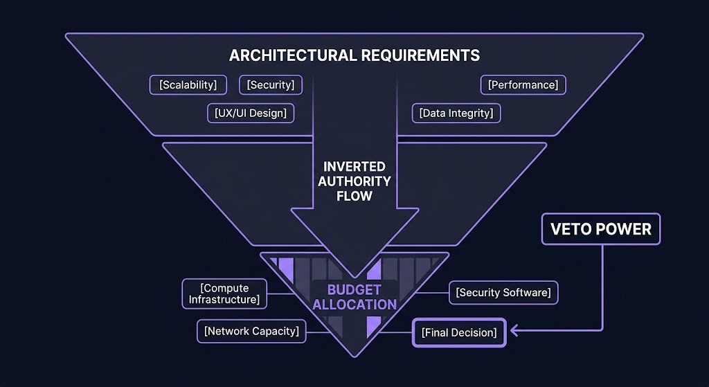 Cost Authority Inversion framework showing financial governance systems gaining veto authority over architectural decisions