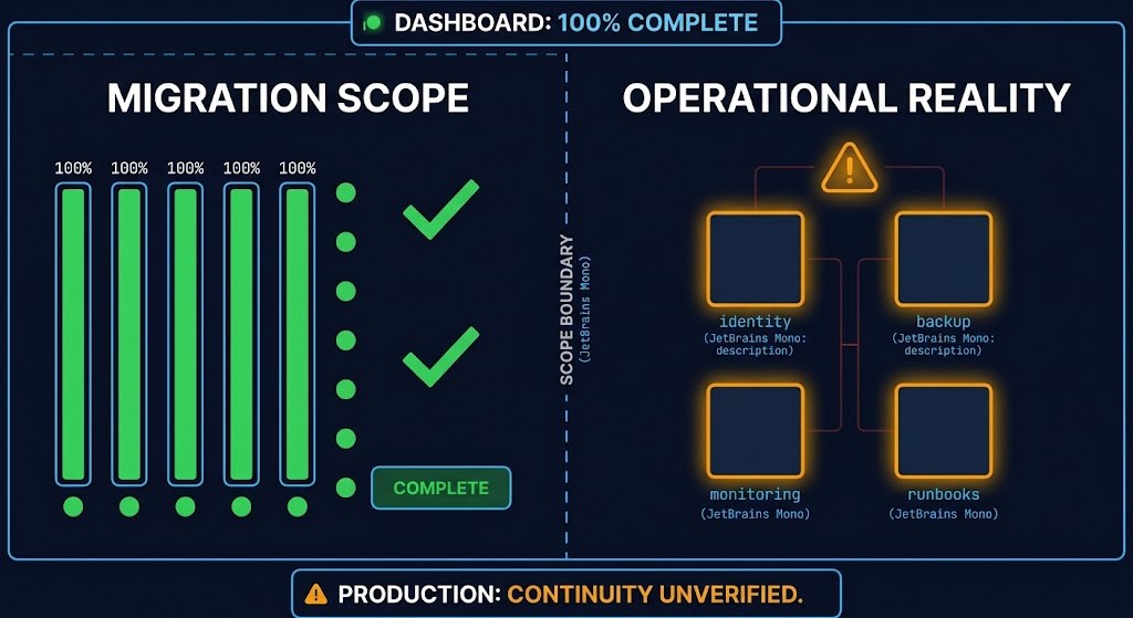 migration dashboard failure — scope boundary illusion, task completion vs operational continuity