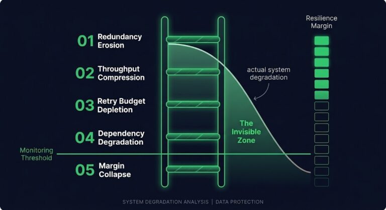 degradation ladder — five rungs of resilience margin erosion from redundancy loss to margin collapse