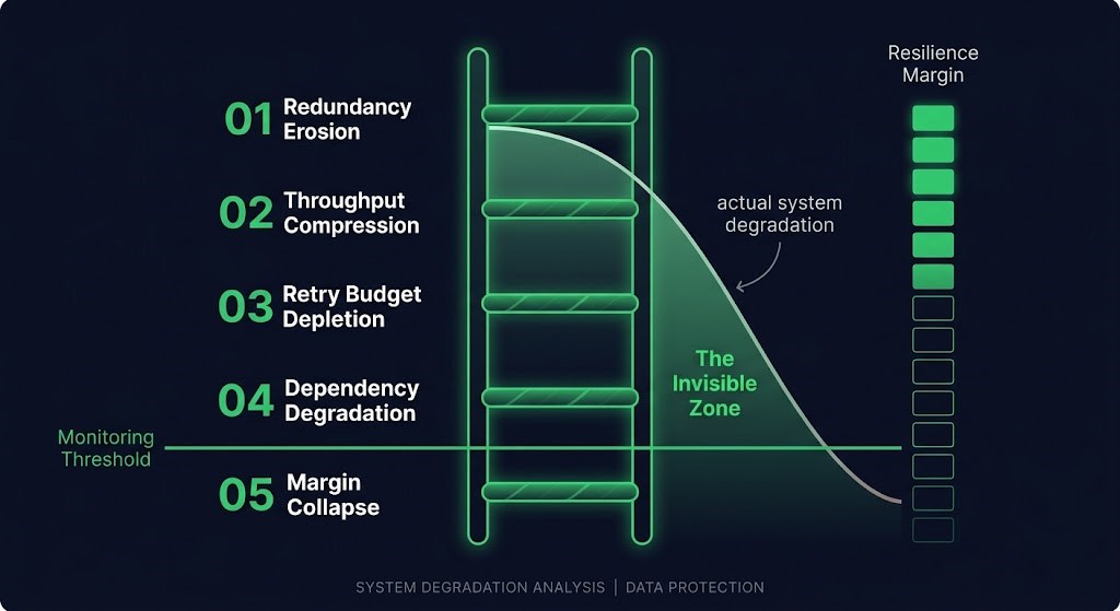 degradation ladder — five rungs of resilience margin erosion from redundancy loss to margin collapse