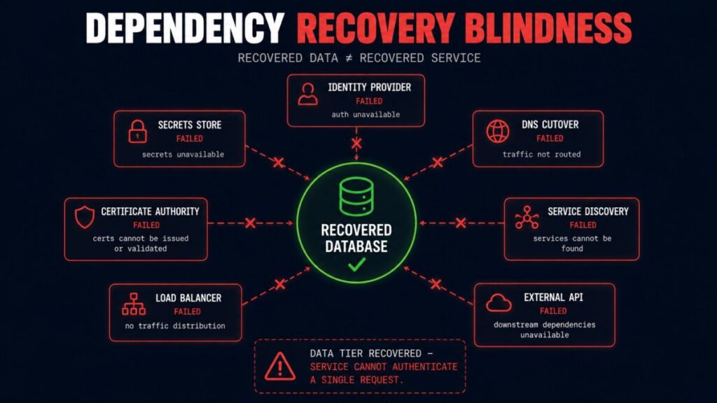 dependency recovery blindness — recovered data tier blocked by un-recovered dependencies