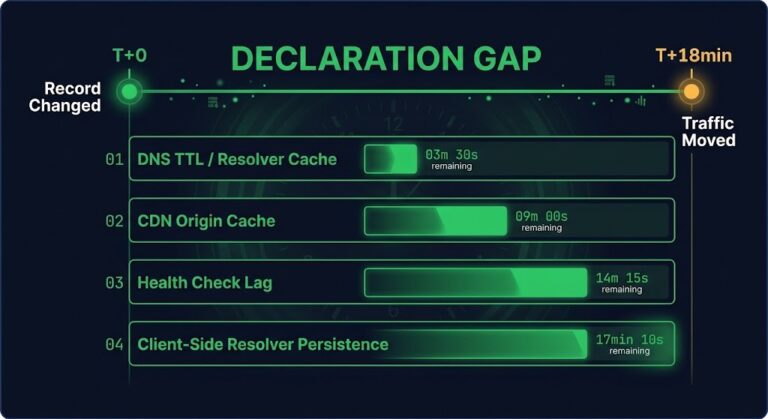 dns failover testing — the Declaration Gap: four caching layers between record change and traffic movement