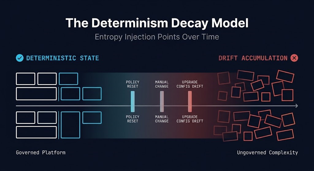 determinism decay timeline — configuration drift accumulation from governed state to entropy