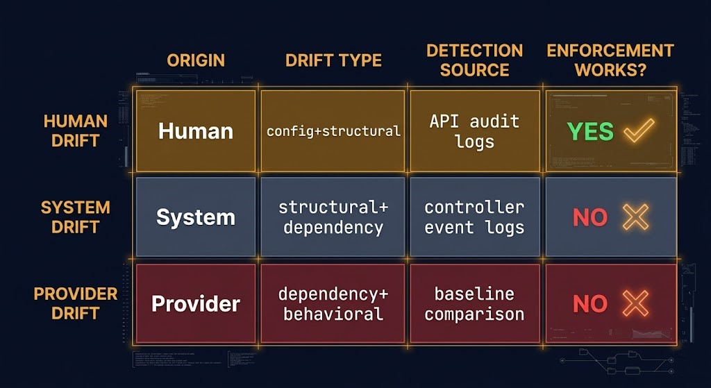 iac drift detection origin model — human system and provider drift mapped to detection and remediation strategy
