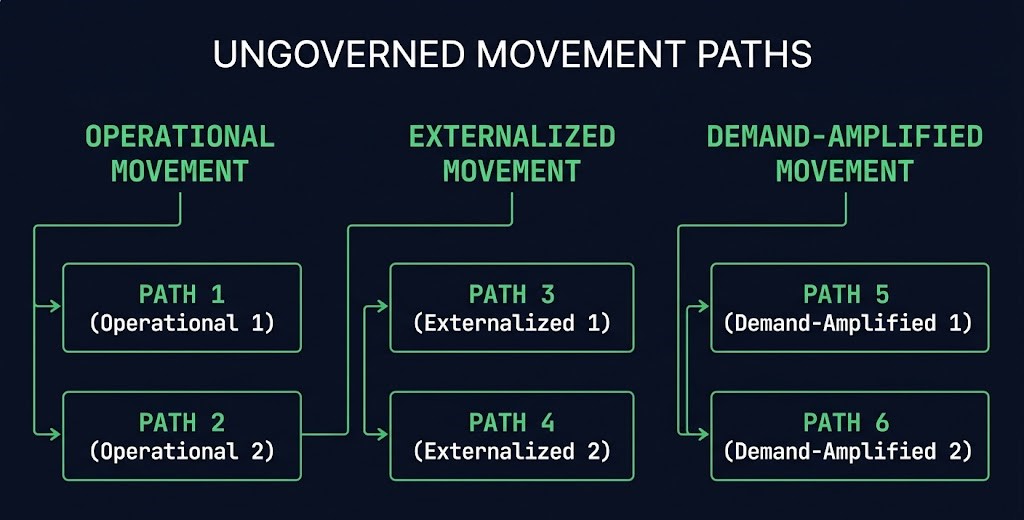 egress audit framework — six ungoverned movement path categories classified by movement type
