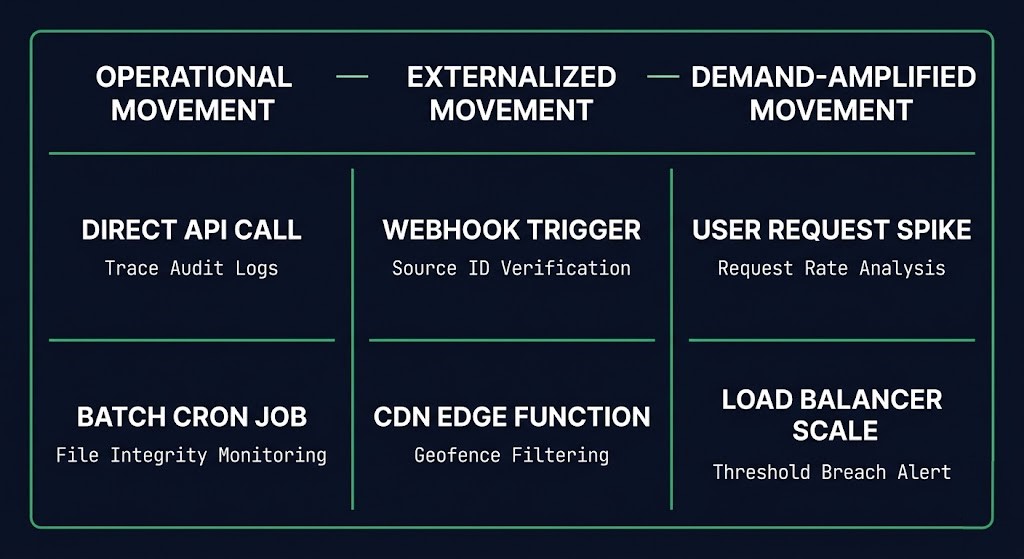 egress audit framework — ungoverned movement path classification showing operational externalized and demand-amplified categories