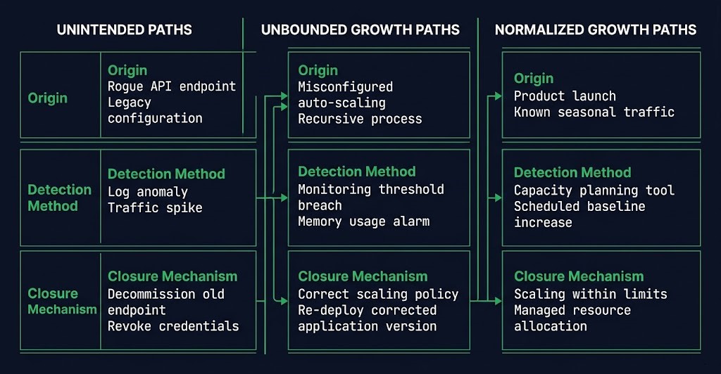 egress audit finding types — unintended paths unbounded growth paths normalized growth paths with closure mechanisms