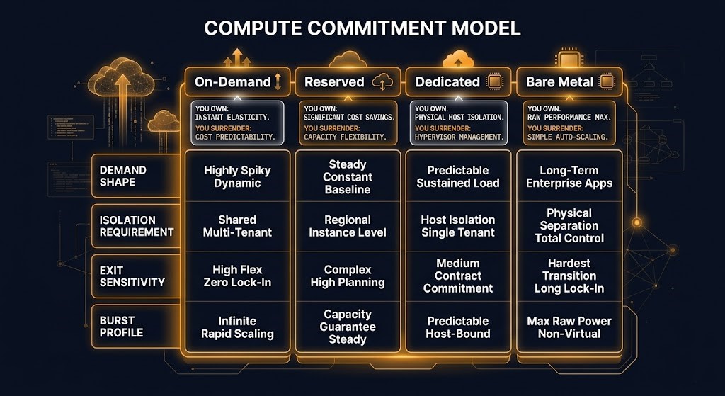 rack2cloud compute commitment model — four tier decision matrix with commitment variables