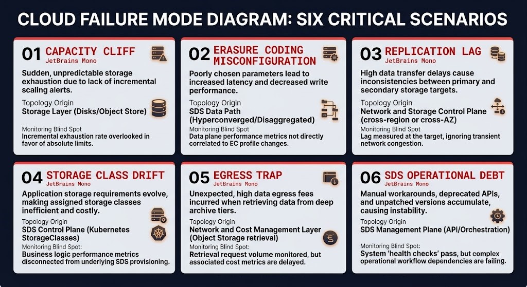 enterprise storage failure modes — six named failure modes mapped by topology origin and monitoring blind spot