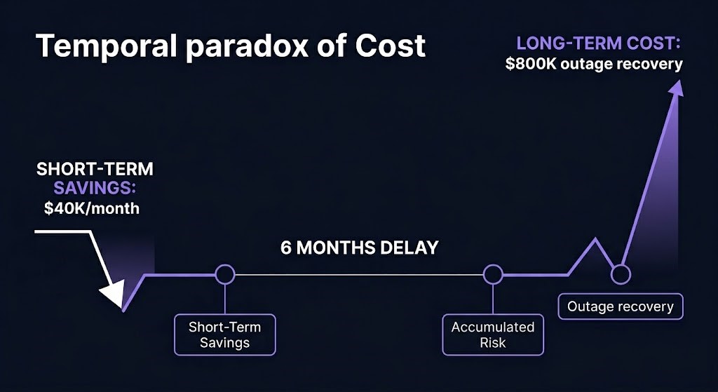 governance paradox timeline showing short-term cost savings creating long-term expensive failures