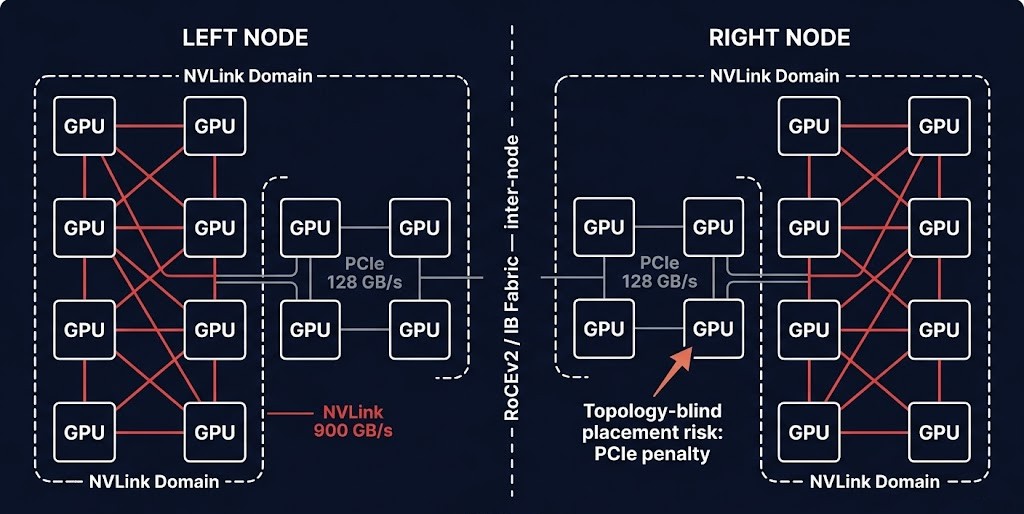 gpu cluster topology — NVLink domain versus PCIe boundary in multi-node distributed training architecture