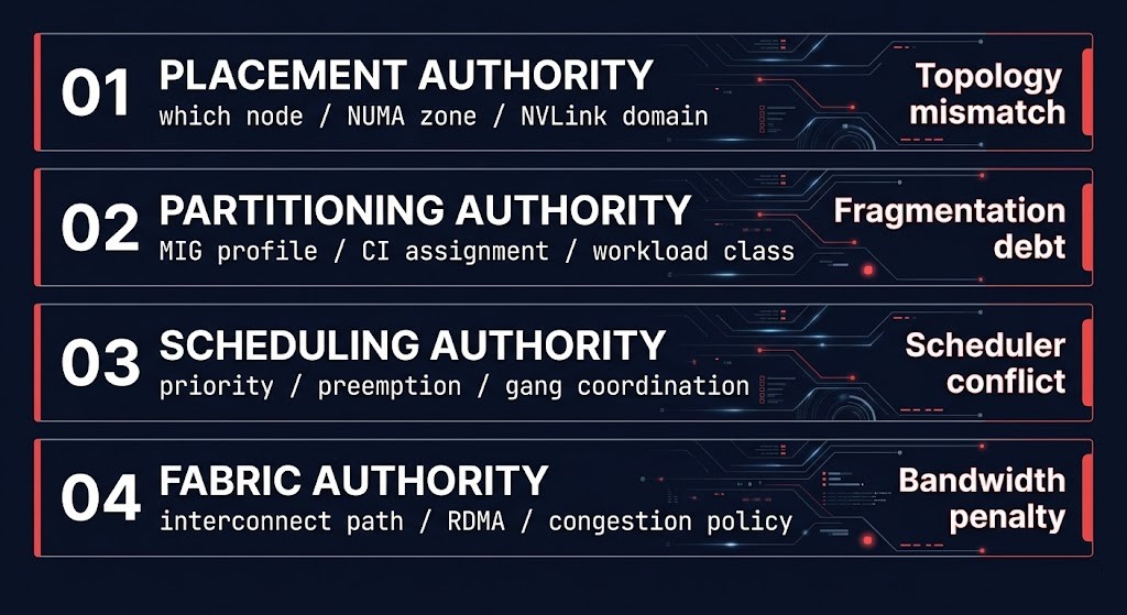 gpu orchestration authority model — four governance layers placement partitioning scheduling fabric