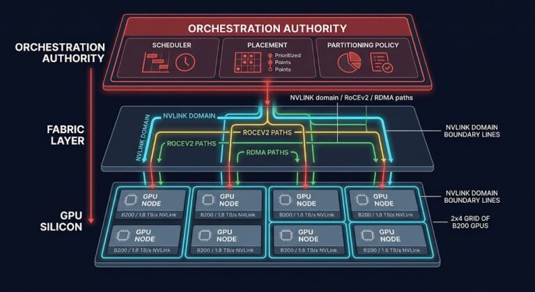 gpu orchestration architecture — control plane scheduling layer above GPU silicon with topology and fabric constraints