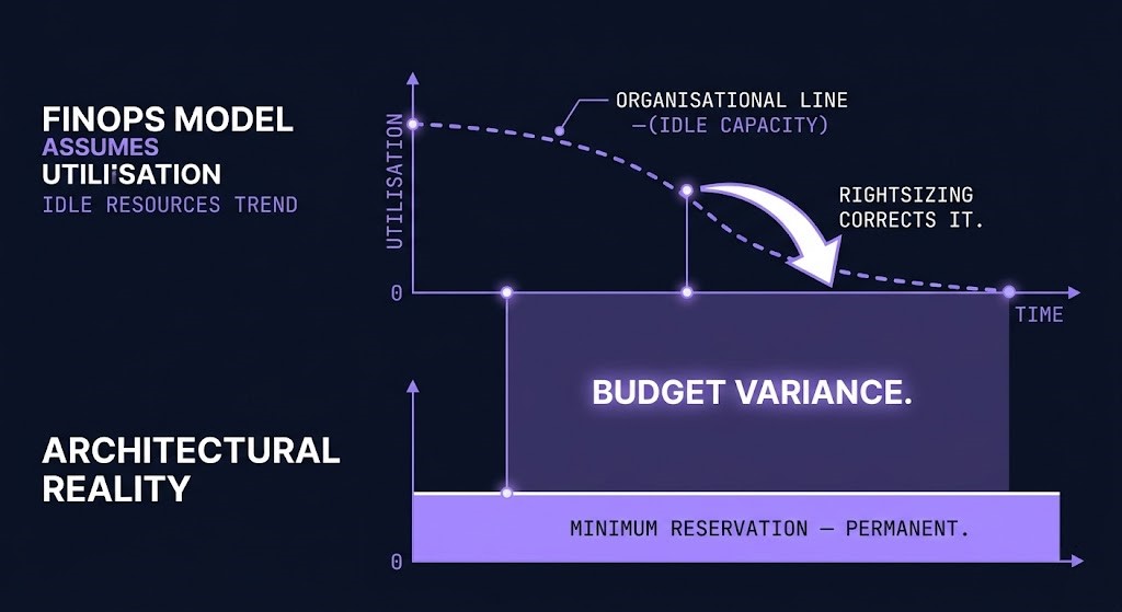 idle cloud cost forecasting debt — FinOps model assumption vs architectural reality