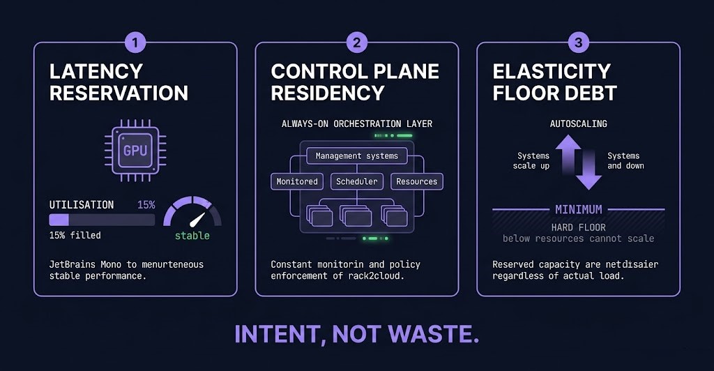idle cloud cost three architectural patterns — latency reservation, control plane residency, elasticity floor debt