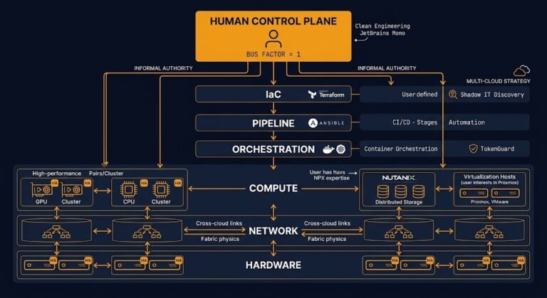 infrastructure bus factor — human control plane sitting above system diagram with operational authority artifacts concentrated in individuals