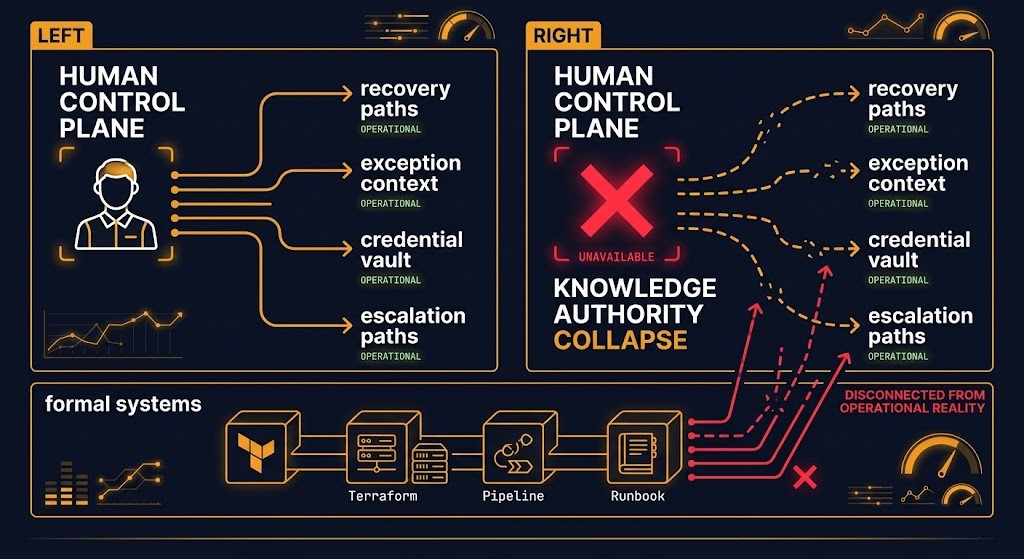 knowledge authority collapse — personnel change triggering infrastructure control plane failure when operational authority was concentrated in individuals
