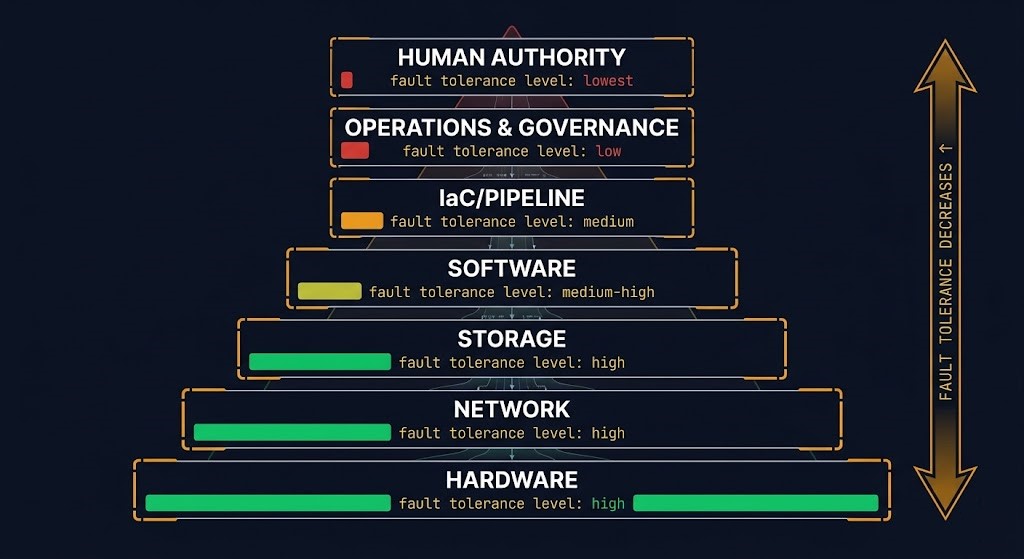 infrastructure redundancy stops at human layer — fault tolerance increases downward into hardware, decreases upward into operations