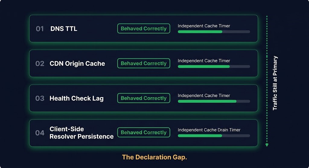 dns failover testing — four caching layers that each behaved correctly while the system failed operationally