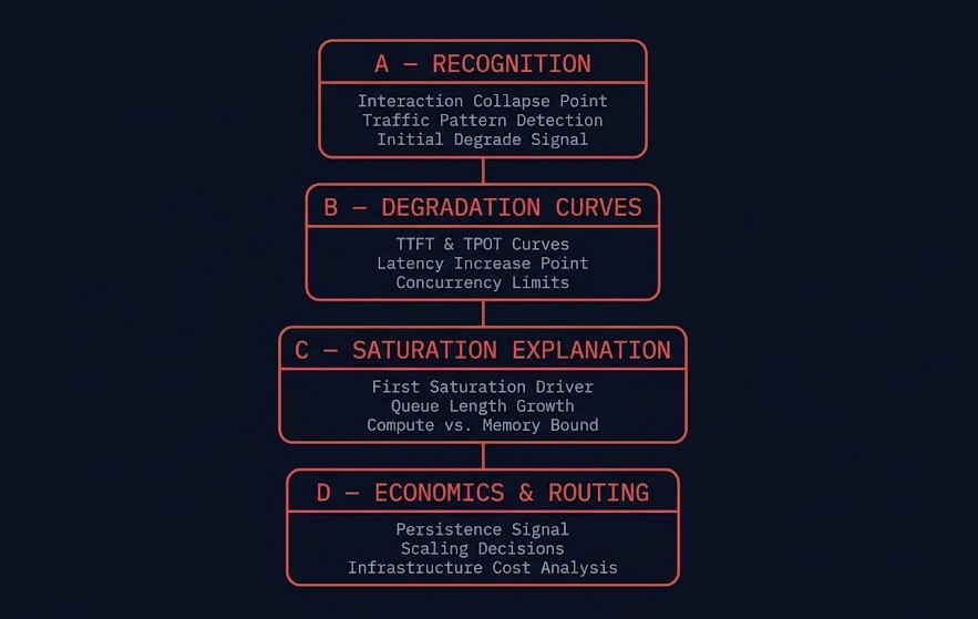AI inference saturation analyzer output architecture across four blocks from Interaction Collapse Point to cross-tool routing