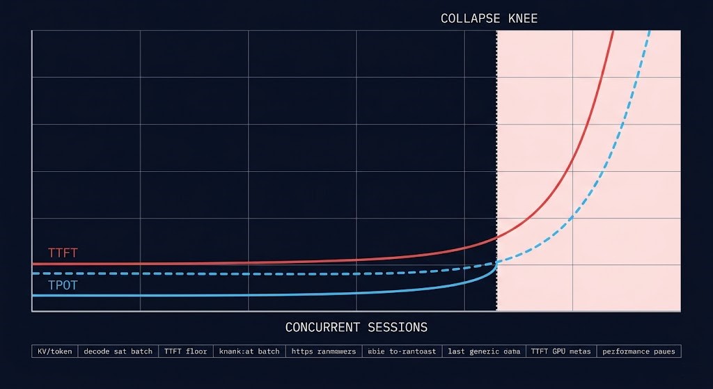 Inference saturation curve showing TTFT and TPOT degradation with the Interaction Collapse Point knee marked