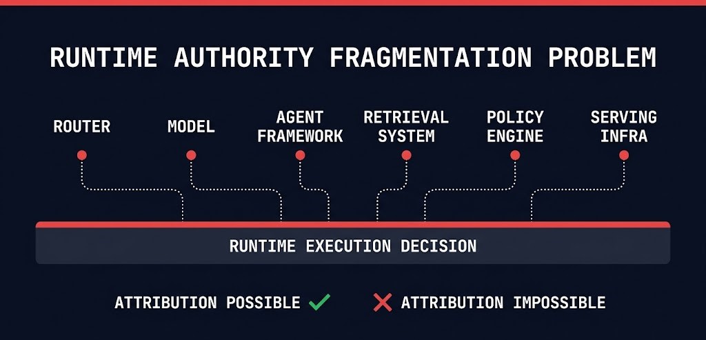 LLM Operations Control Plane architecture diagram showing five governance layers and the runtime authority fragmentation problem across six simultaneous authority domains