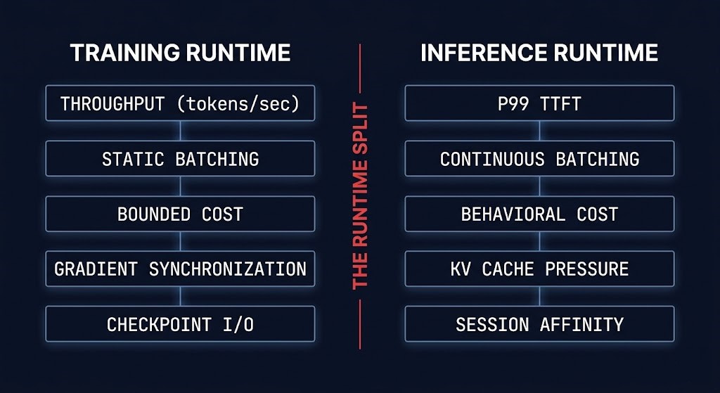 Training versus inference runtime architecture split showing throughput optimization versus latency predictability as opposing design constraints