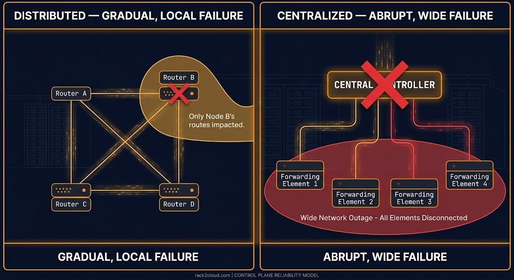 sdn controller blast radius versus distributed routing gradual failure — network control plane architecture comparison