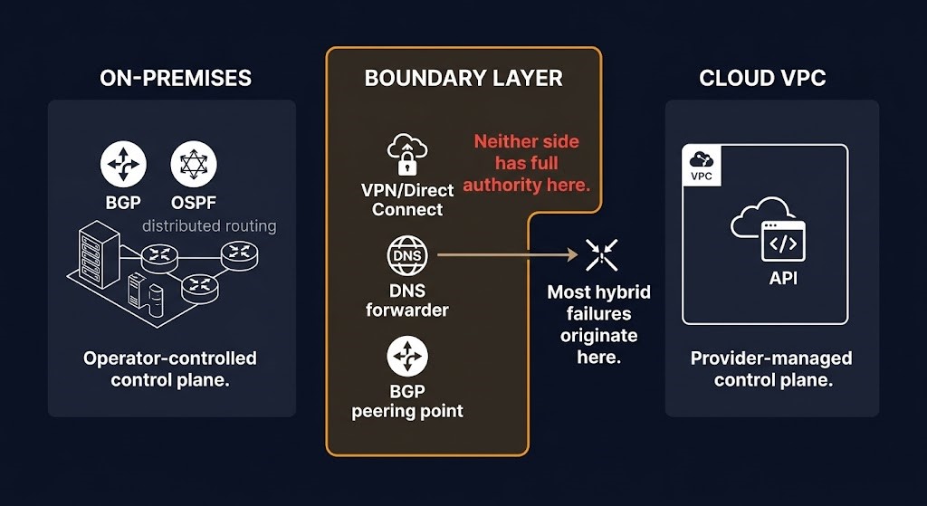 hybrid network architecture boundary layer — split control plane on-premises and cloud with undefined authority