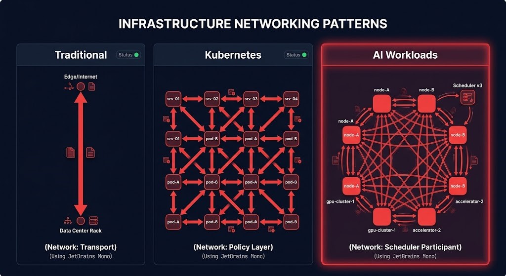 AI workload collective communication patterns compared to traditional and Kubernetes east-west traffic