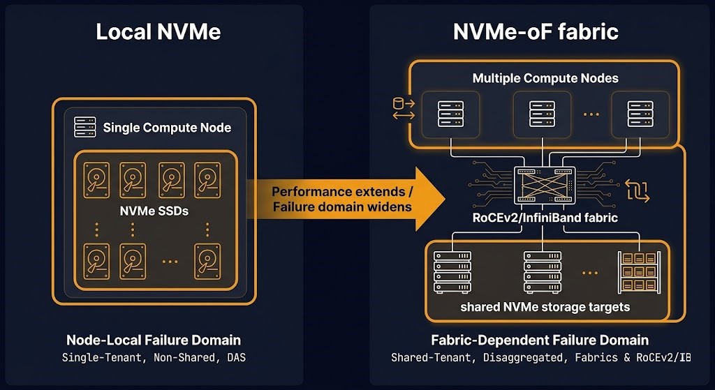 nvme-of ai storage fabric architecture — failure domain shift from node-local to fabric-dependent