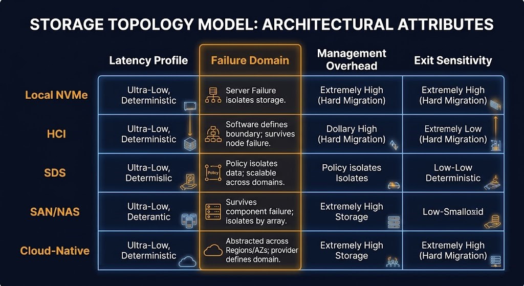 rack2cloud storage topology model — five topology classes mapped against failure domain and exit sensitivity