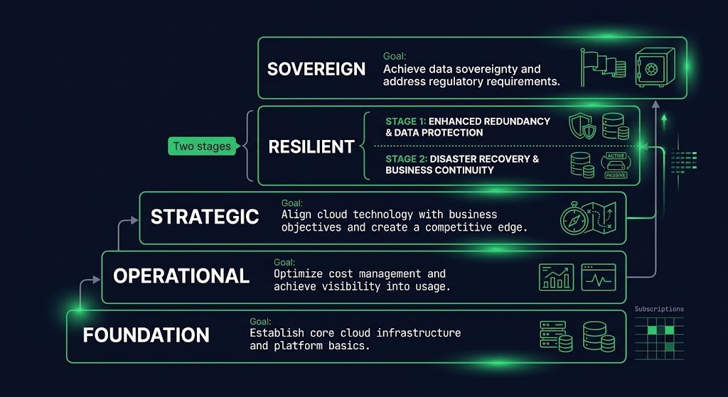 resiliency recovery architecture maturity spine — all five levels foundation through sovereign with dual resilient stages
