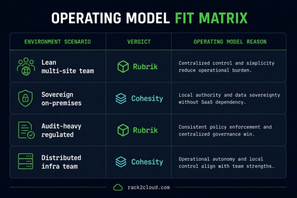 rubrik vs cohesity decision matrix — scenario-based operating model selection
