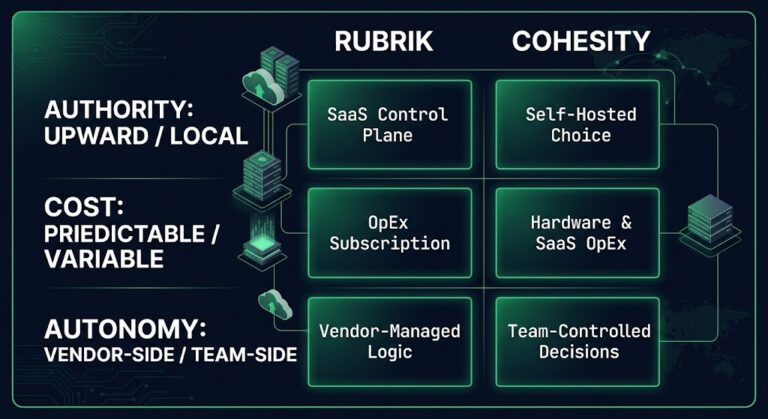 rubrik vs cohesity decision — operating model selection framework showing authority, cost trajectory, and replacement cost dimensions